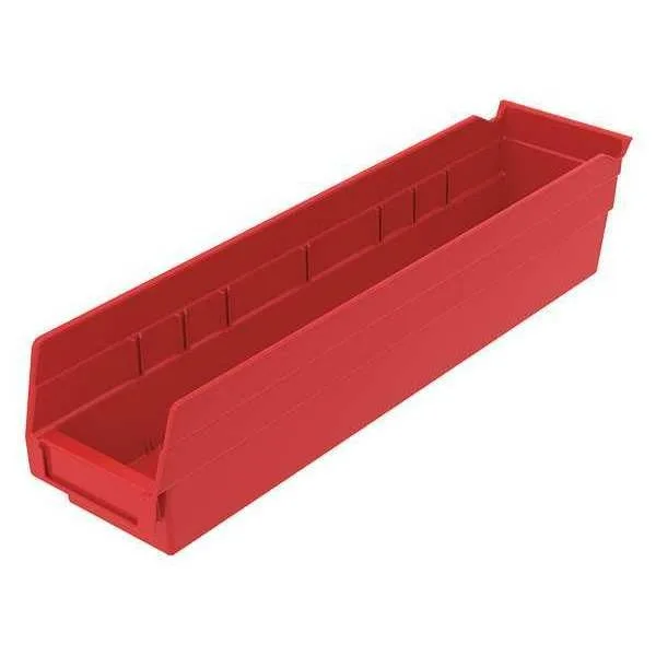 Red industrial polymer shelf bin with molded label area