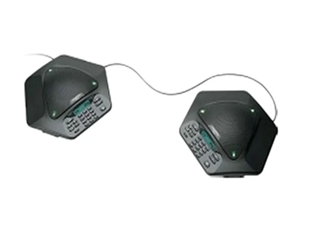 ClearOne MAX EX conference phone, black rectangular unit with three microphones, mute and volume controls