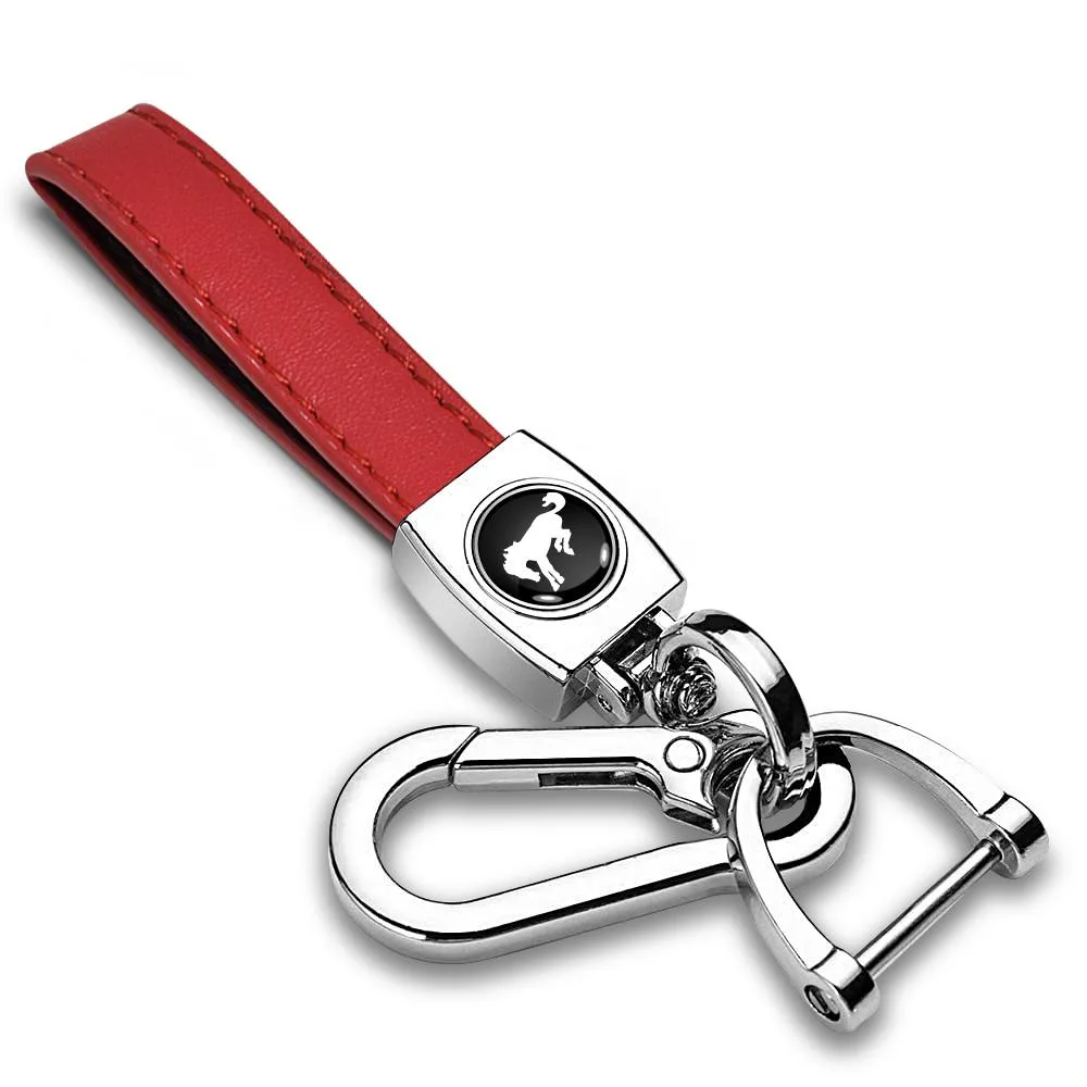 Red leather loop strap key chain with black Ford Bronco logo and chrome hook