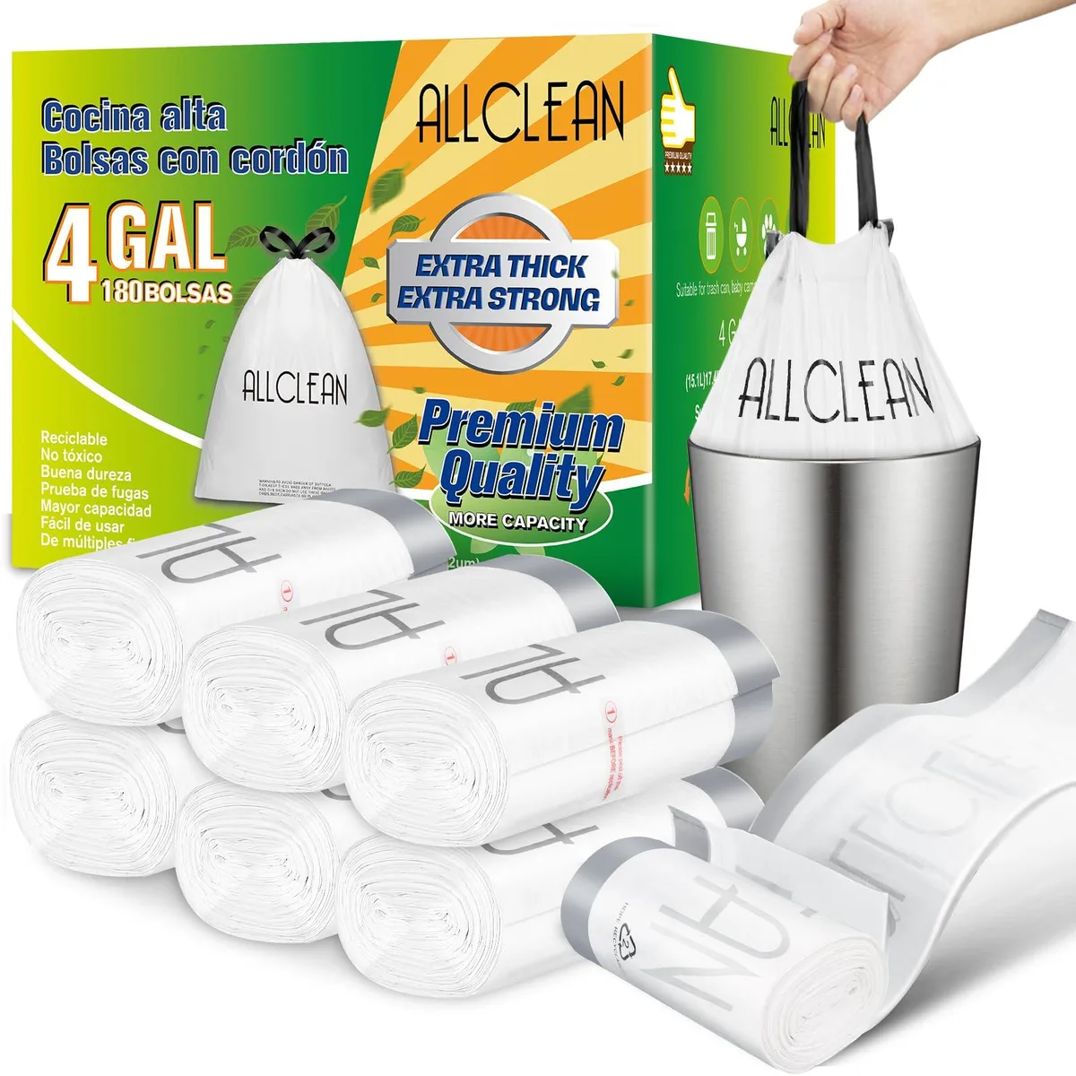 White drawstring trash bags on six rolls, 180 count, 4 gallon capacity