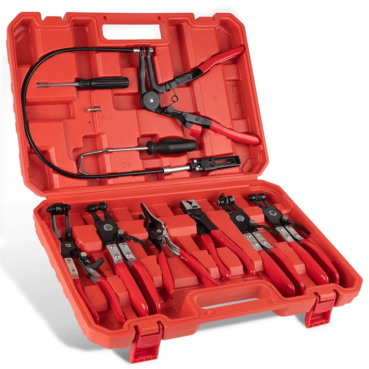 Blue plastic case containing nine steel hose clamp pliers with reinforced rubber straps