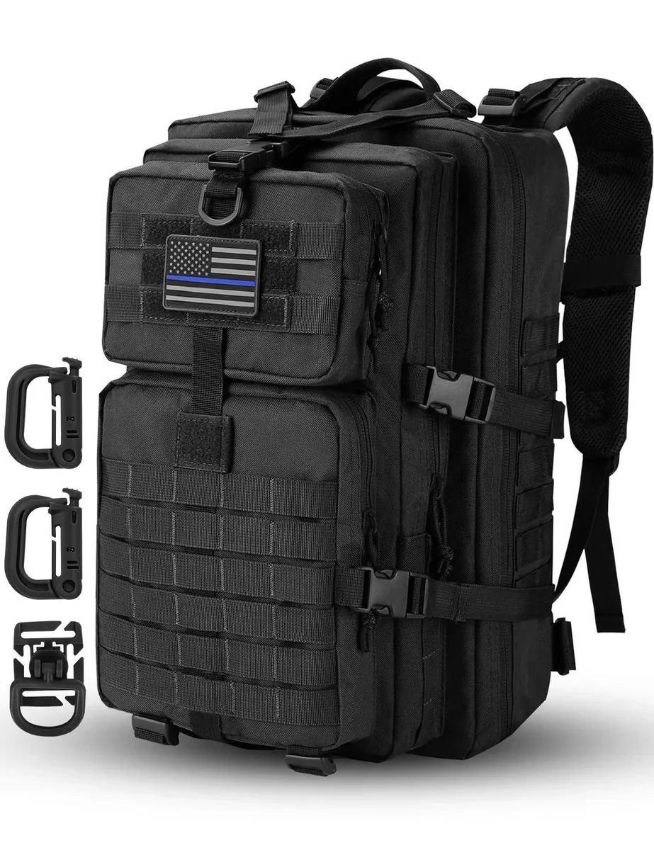 Black 40-litre tactical backpack with MOLLE webbing, D-rings and USA flag patch