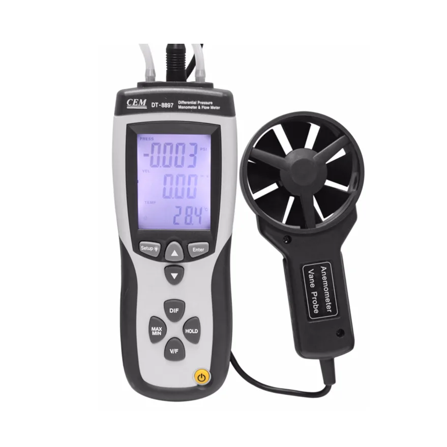 Red handheld differential pressure manometer with large LCD display