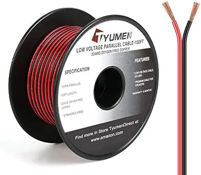 Red and black 22AWG LED extension cable on plastic spool