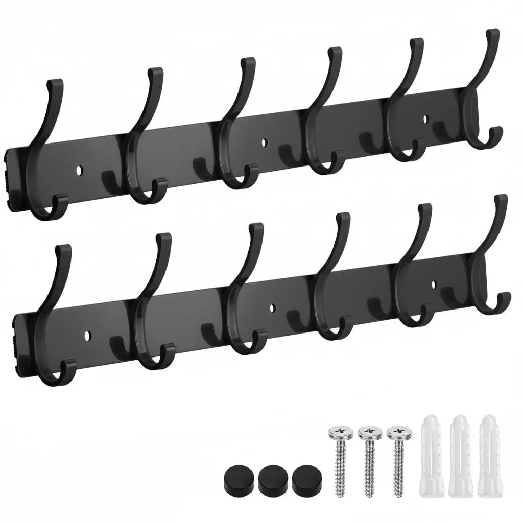 Two black zinc alloy wall coat racks each with six double hooks matte finish