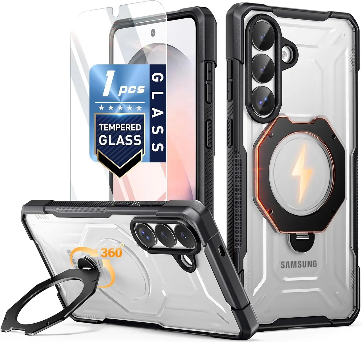 Transcend Transcend Galaxy S26 Case 360° Magnetic Ring Kickstand MagSafe Tempered Glass Black/Clear — product photo
