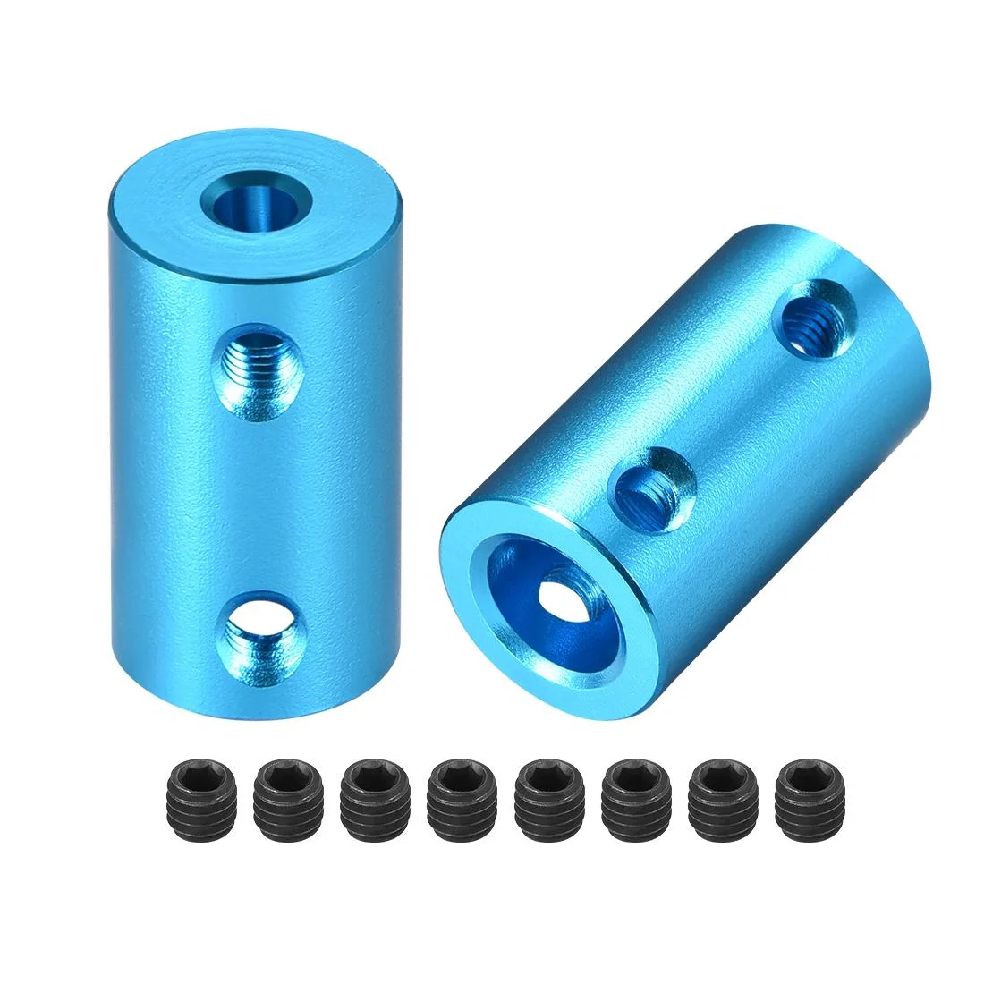 Two blue aluminium rigid shaft couplers 25mm long 14mm diameter with M4 screws