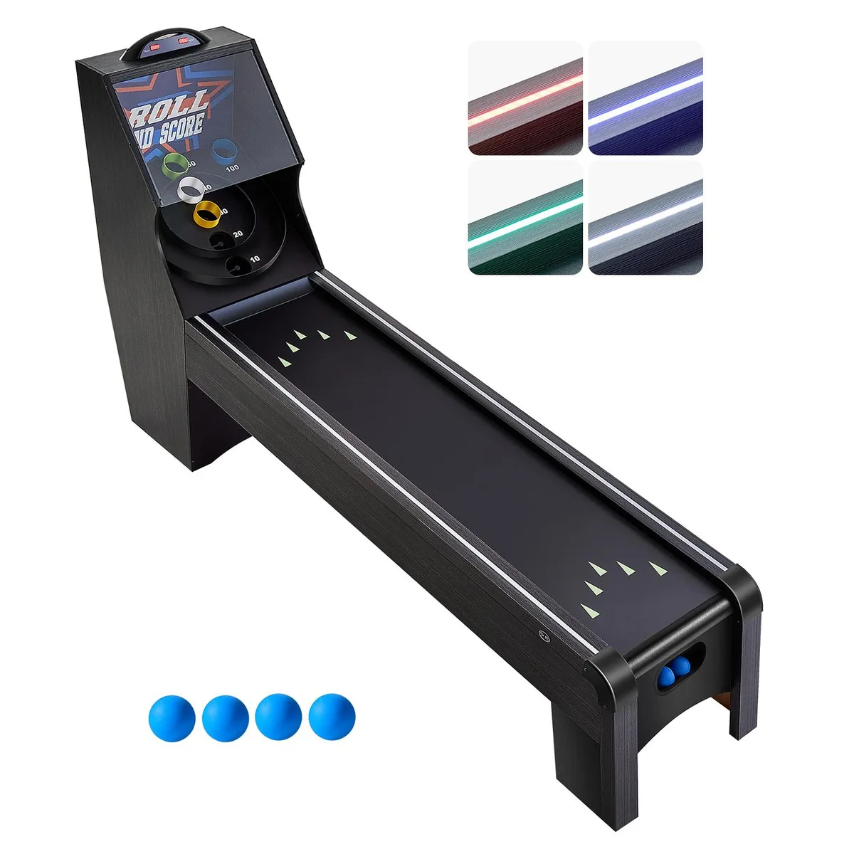 Wood-grain grey and black 9-foot arcade table with LED scorer, acrylic barrier and four blue balls