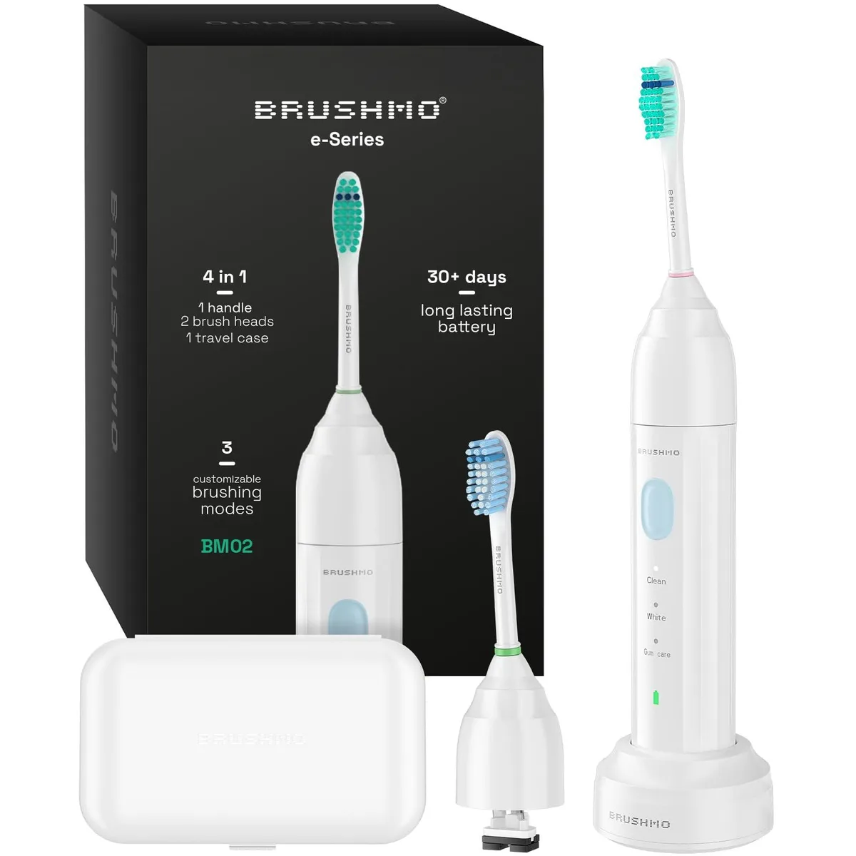 White cylindrical sonic toothbrush with wireless charging base and travel case