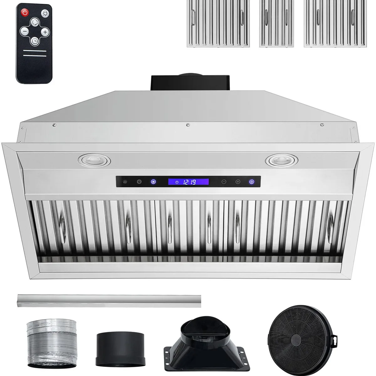 Stainless steel built-in range hood, 30 inch wide, rectangular insert design with baffle filters and LED lights