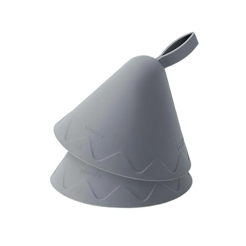 Pair of dark grey silicone pot handle caps with textured grip surface