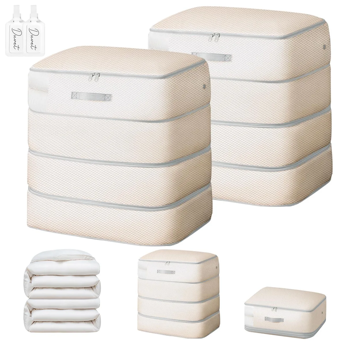 Two beige 130L nylon compression bags with metal vent and dual handles