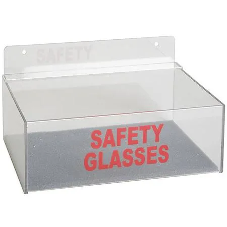 Clear PETG wall-mounted tray holding eight pairs of safety glasses
