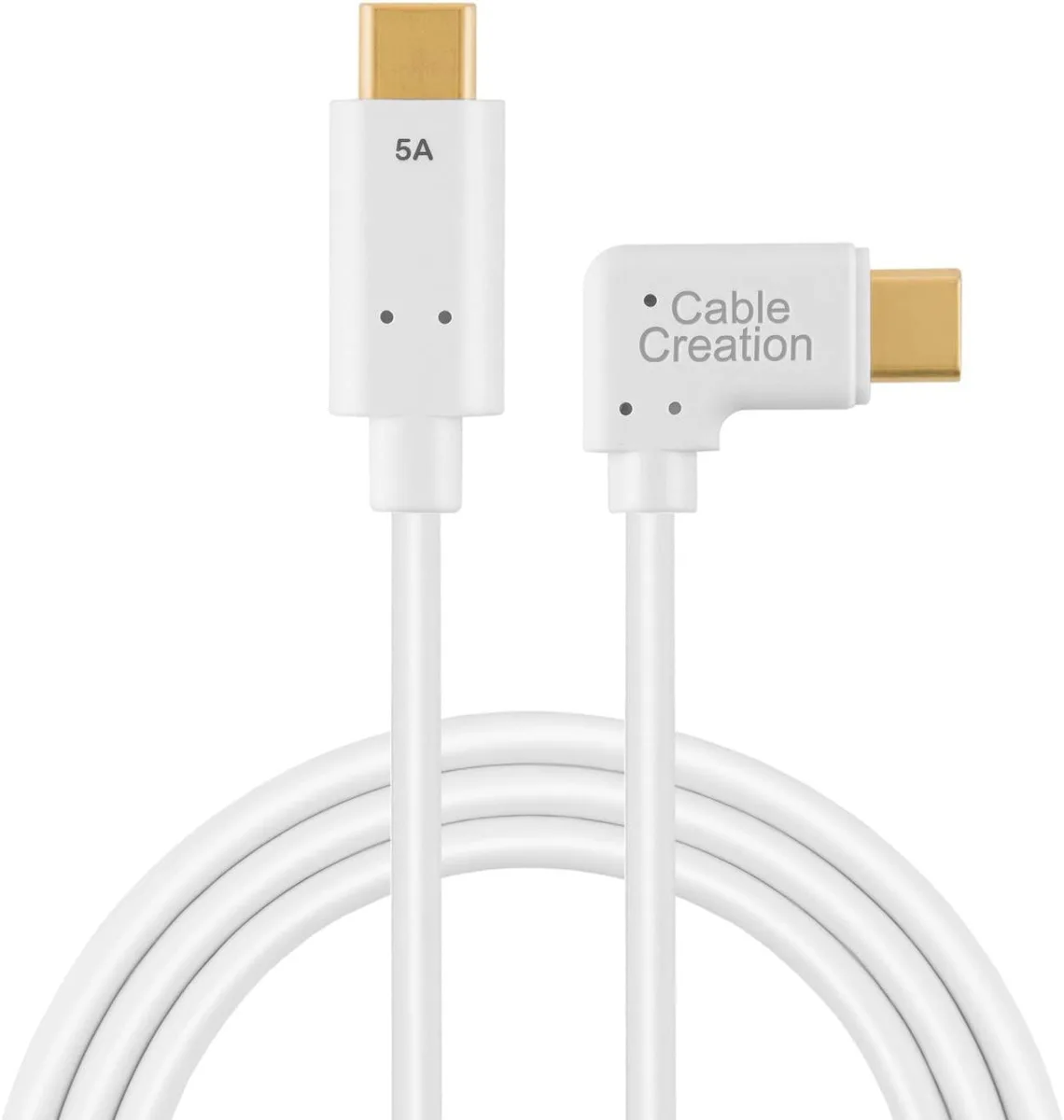 White USB C to C cable with 90-degree connectors, 1.8m length