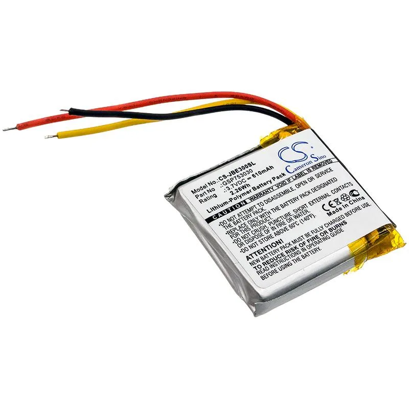 Small rectangular replacement battery with black plastic casing and gold contacts
