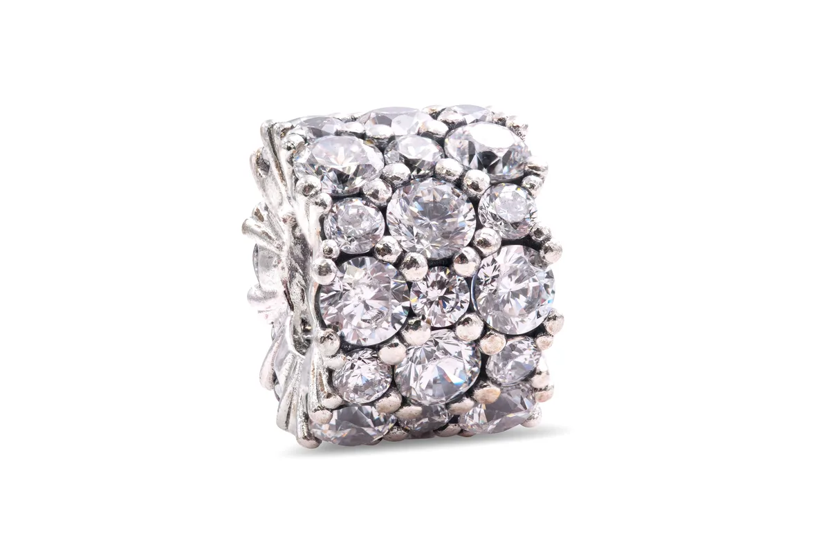 Sterling silver Pandora charm covered in clear cubic zirconia, round faceted stones, shiny hand-finished surface