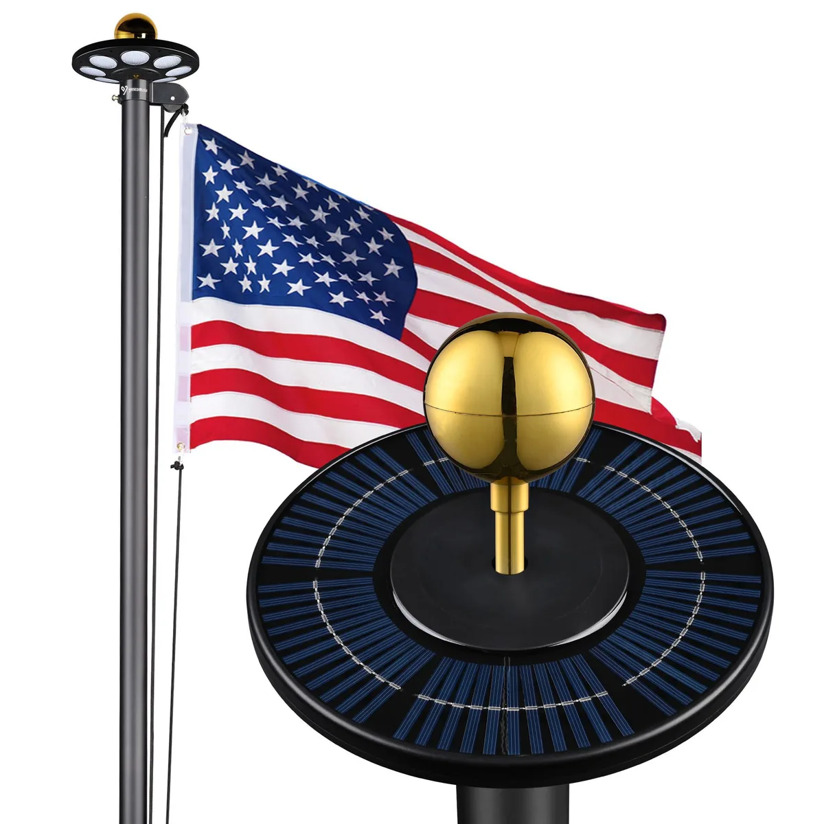 Yescom USA, Inc. Yescom Bravery 20ft 13Gauge Aluminum Flag Pole Kit 136 LED Solar Light US Flag — product photo