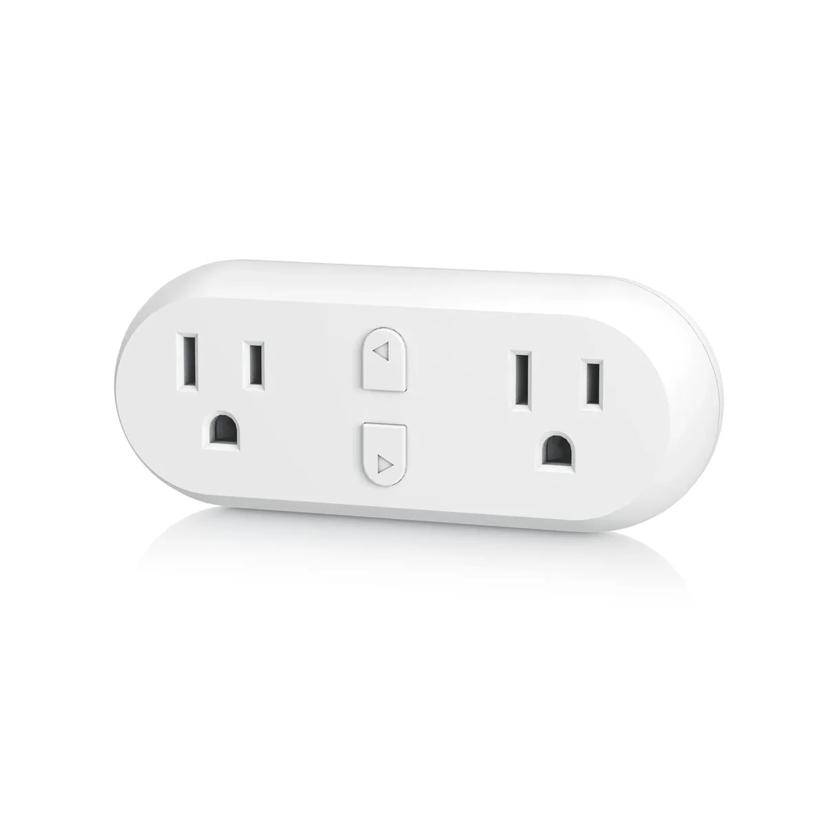 Compact white dual-outlet smart plug with side button, 4.41 by 2.11 by 1.76 inches