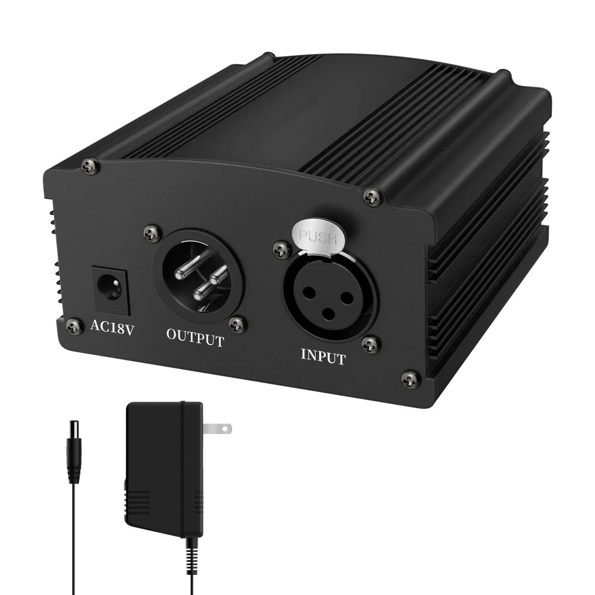 Compact black metal box with XLR ports and power adapter