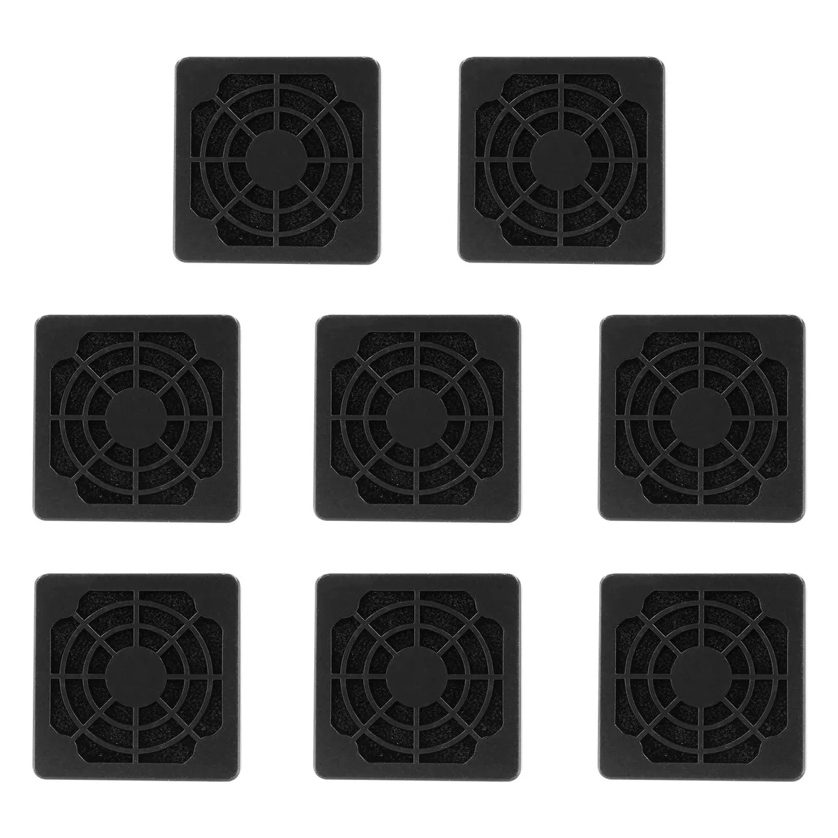 Eight black square fan filters with ABS frames and nylon mesh, 43 mm wide