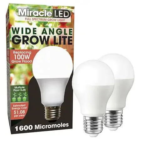 Two frosted A19 LED grow bulbs with transparent plastic housing