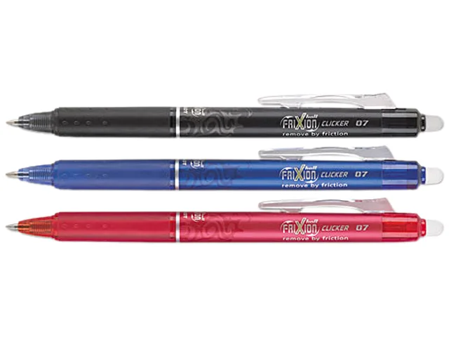 Three blue retractable erasable gel markers in a pack
