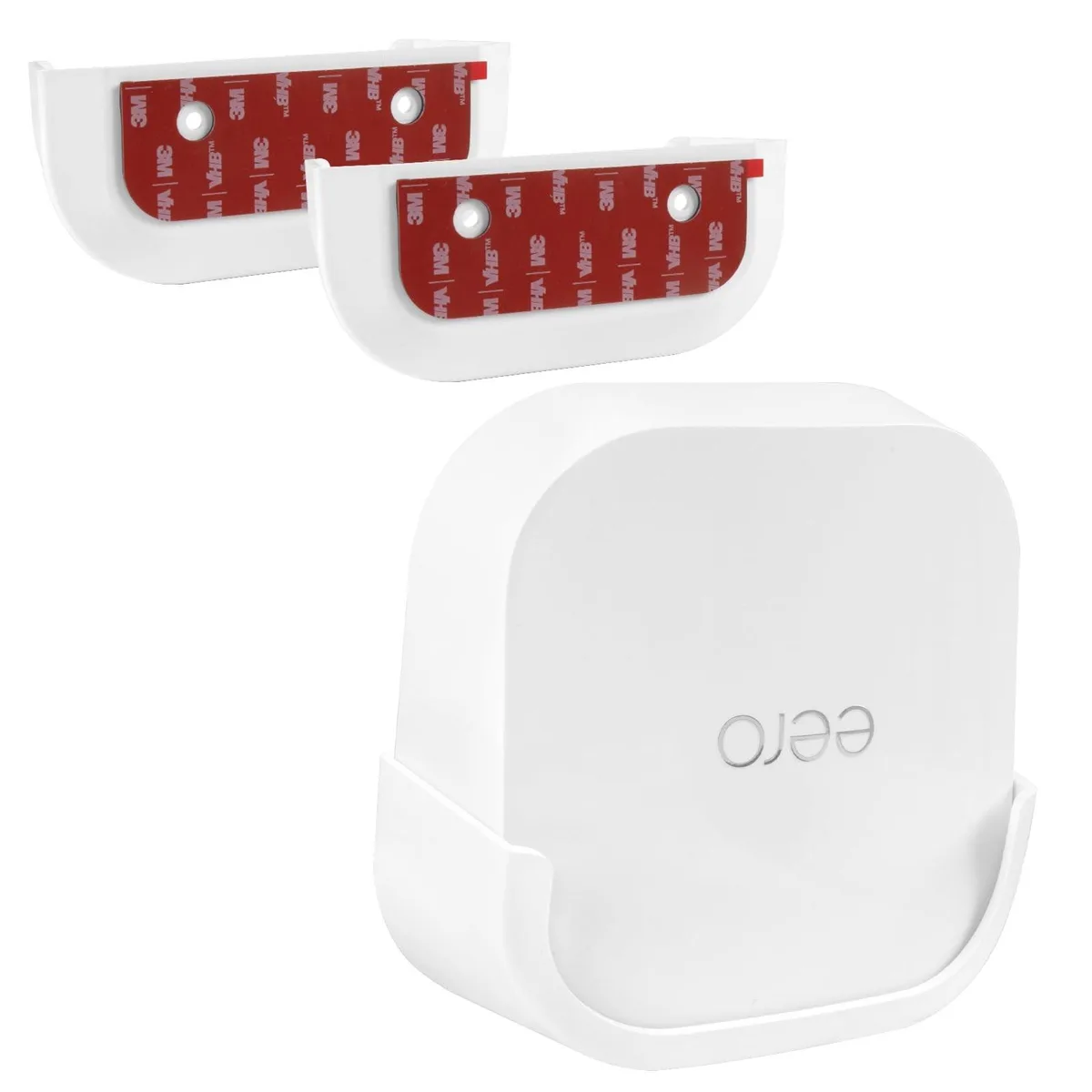 Two white plastic wall-mount brackets for eero 7 router