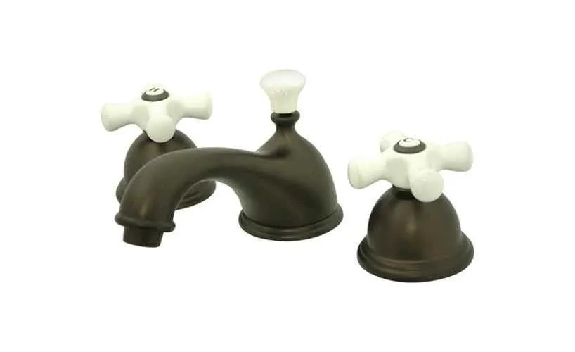 Oil-rubbed bronze widespread lavatory faucet with two lever handles and matching pop-up drain
