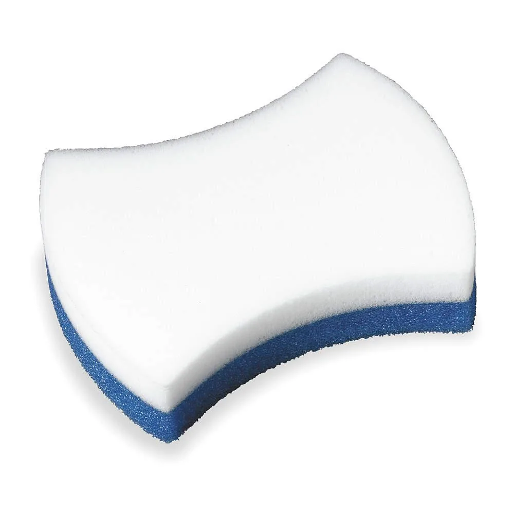 Four blue and white rectangular foam erasing pads with a soft white side and durable blue side