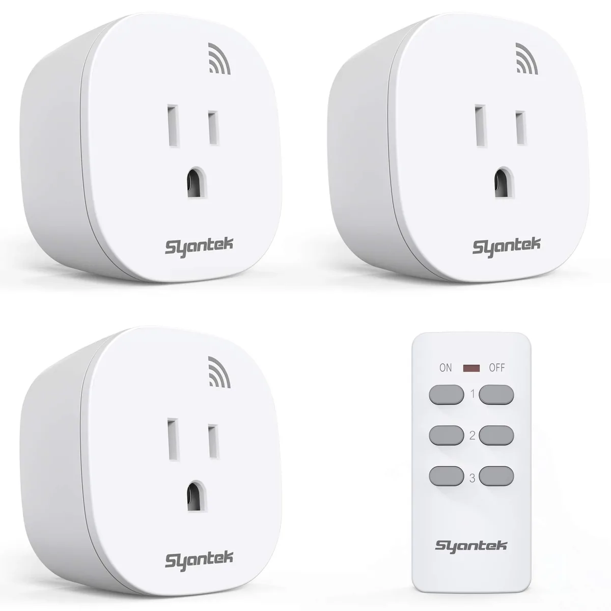 White three-outlet wireless remote kit with compact plug-in modules and handheld remote