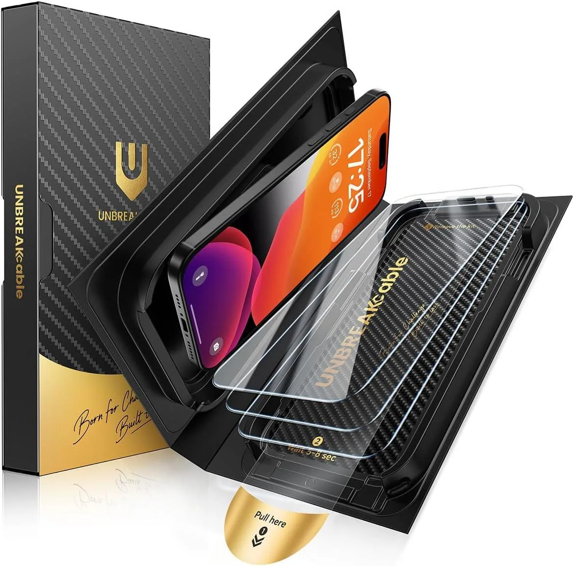 Three clear tempered-glass protectors with a plastic installation frame and alignment tool