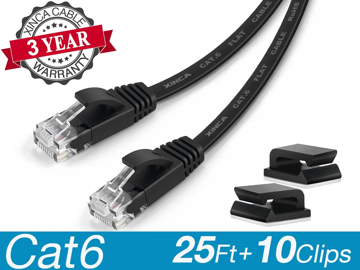 XINCA XINCA Cat6 Flat Ethernet Cable 25ft Black 10 Clips — product photo