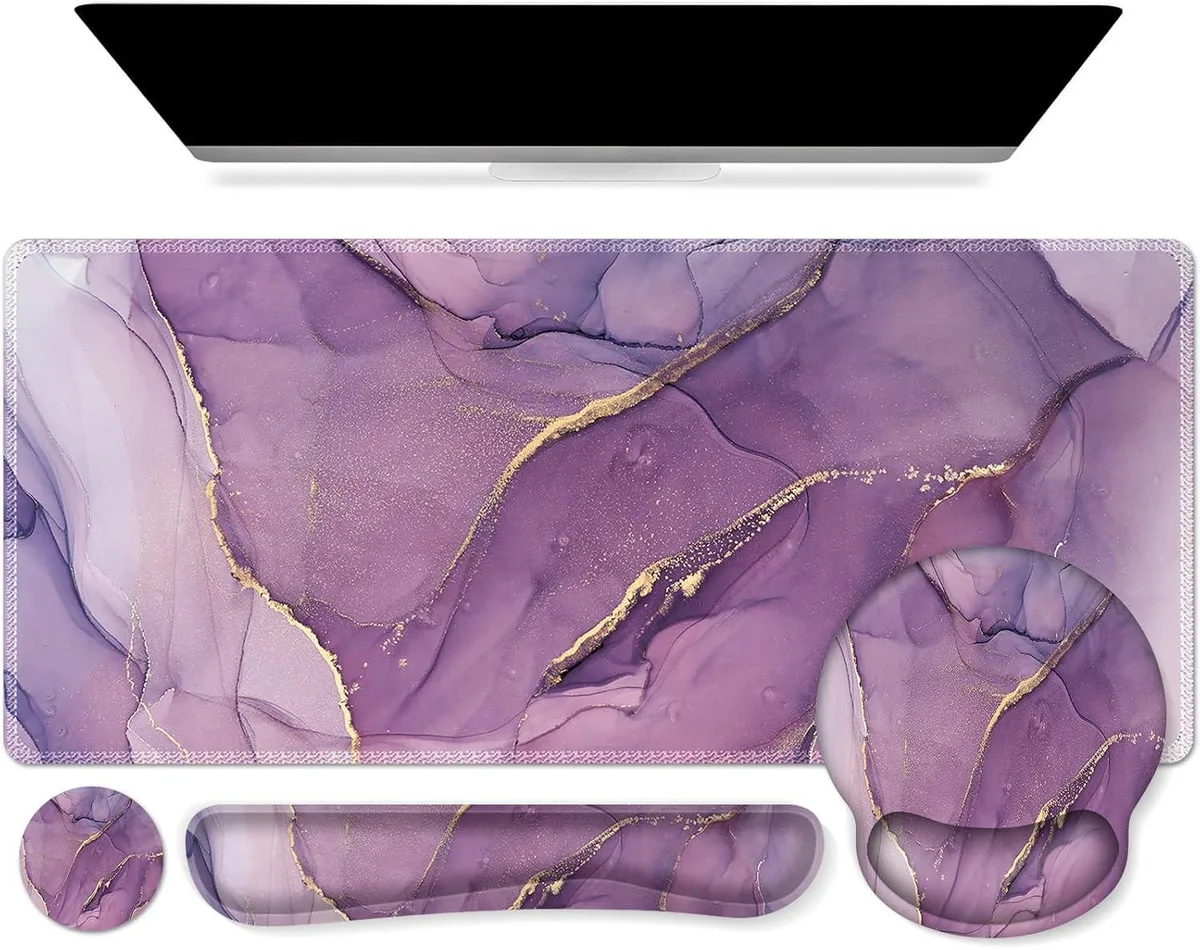 BAOFENG BAOFENG Purple Ergonomic XXL Desk Mat Set 4in1 Mouse Pad Wrist Rest Coaster Marble — product photo