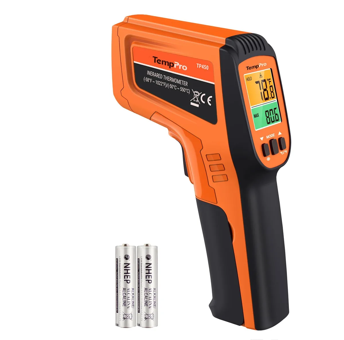 Orange infrared thermometer gun with dual laser pointers