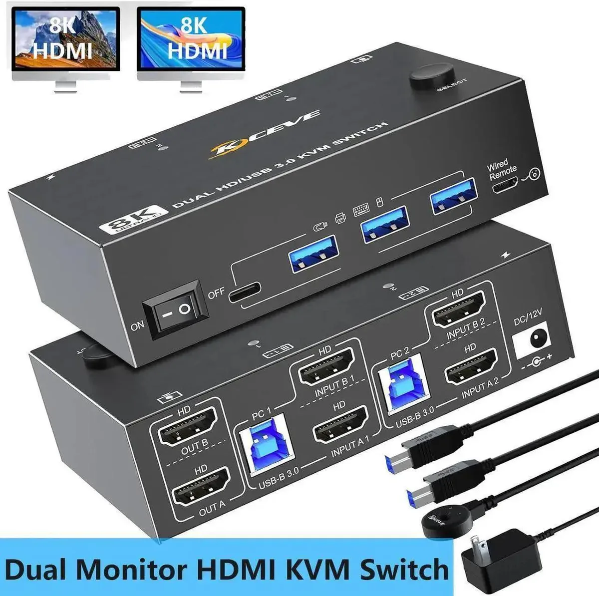 Vszerda Vszerda Dual Monitor KVM Switch 2 PCs 4 USB 3.0 8K60 4K120 Wired Remote — product photo