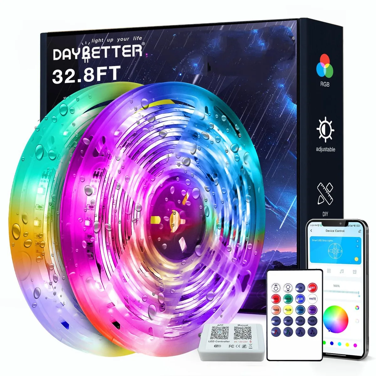 White 32.8 ft LED light strip kit with clear prismatic finish and remote
