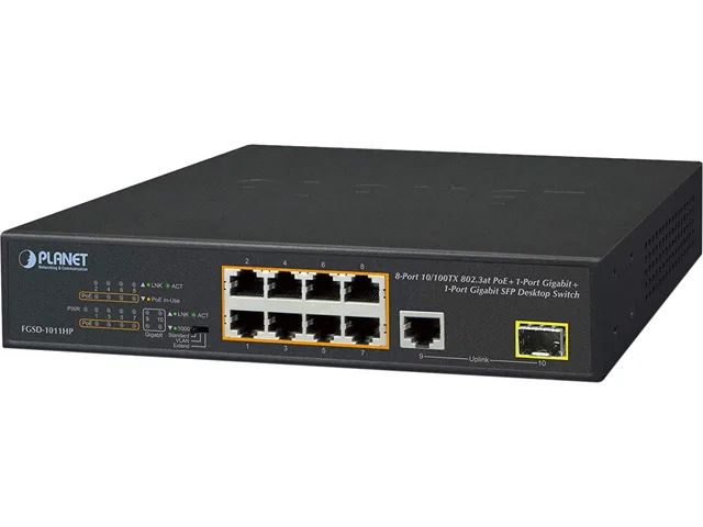 PLANET PLANET FGSD-1011HP 8-Port 10/100 PoE + Gigabit Uplink + SFP Network Switch — product photo
