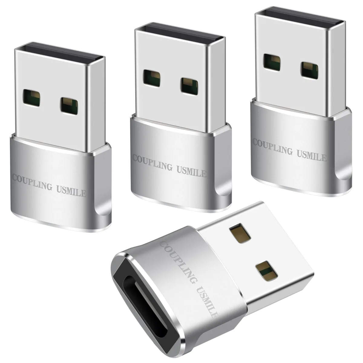 Four silver USB-A to USB-C adapters, compact rectangular shape, matte aluminum finish