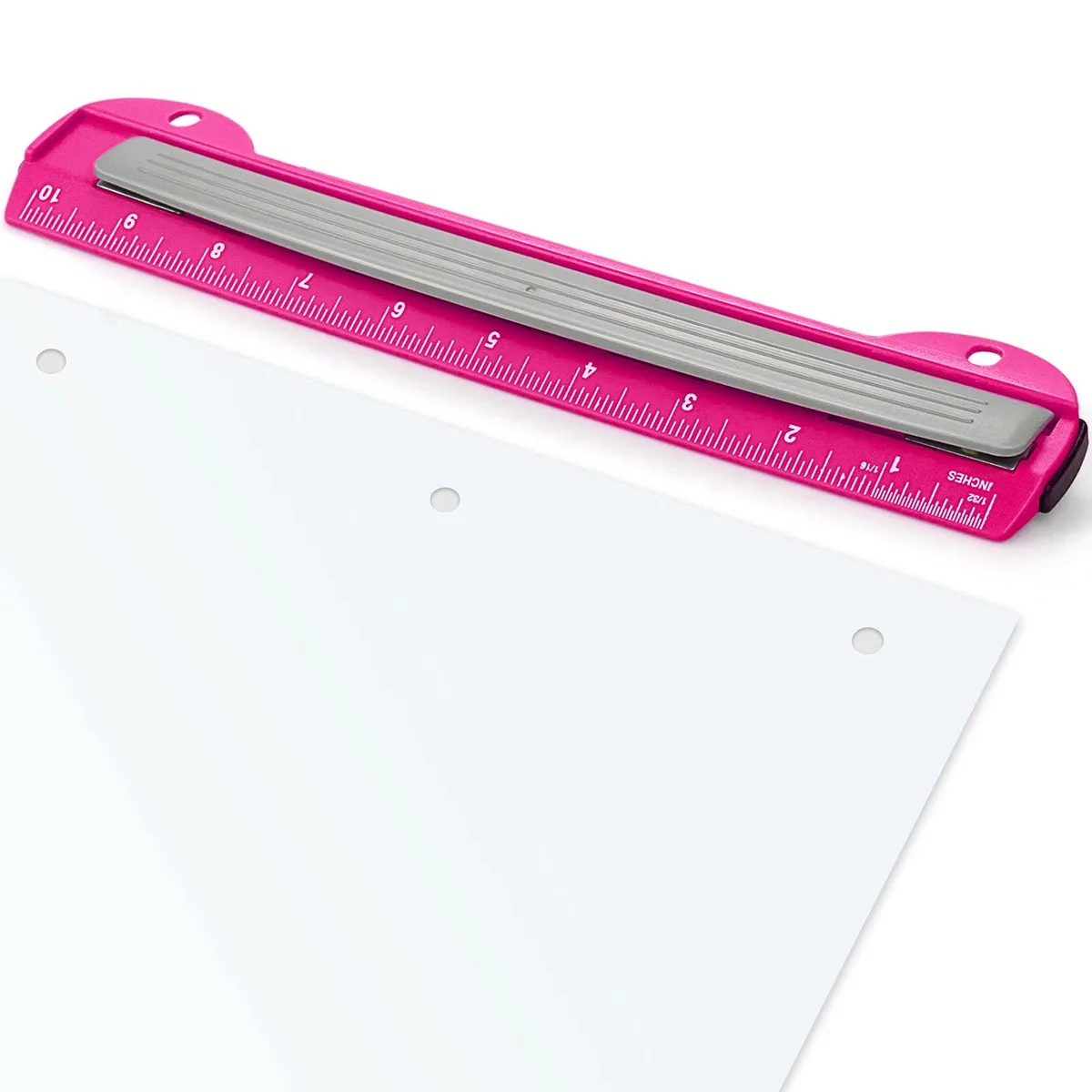 Portable 3-hole punch with built-in 10-inch ruler and removable chip tray