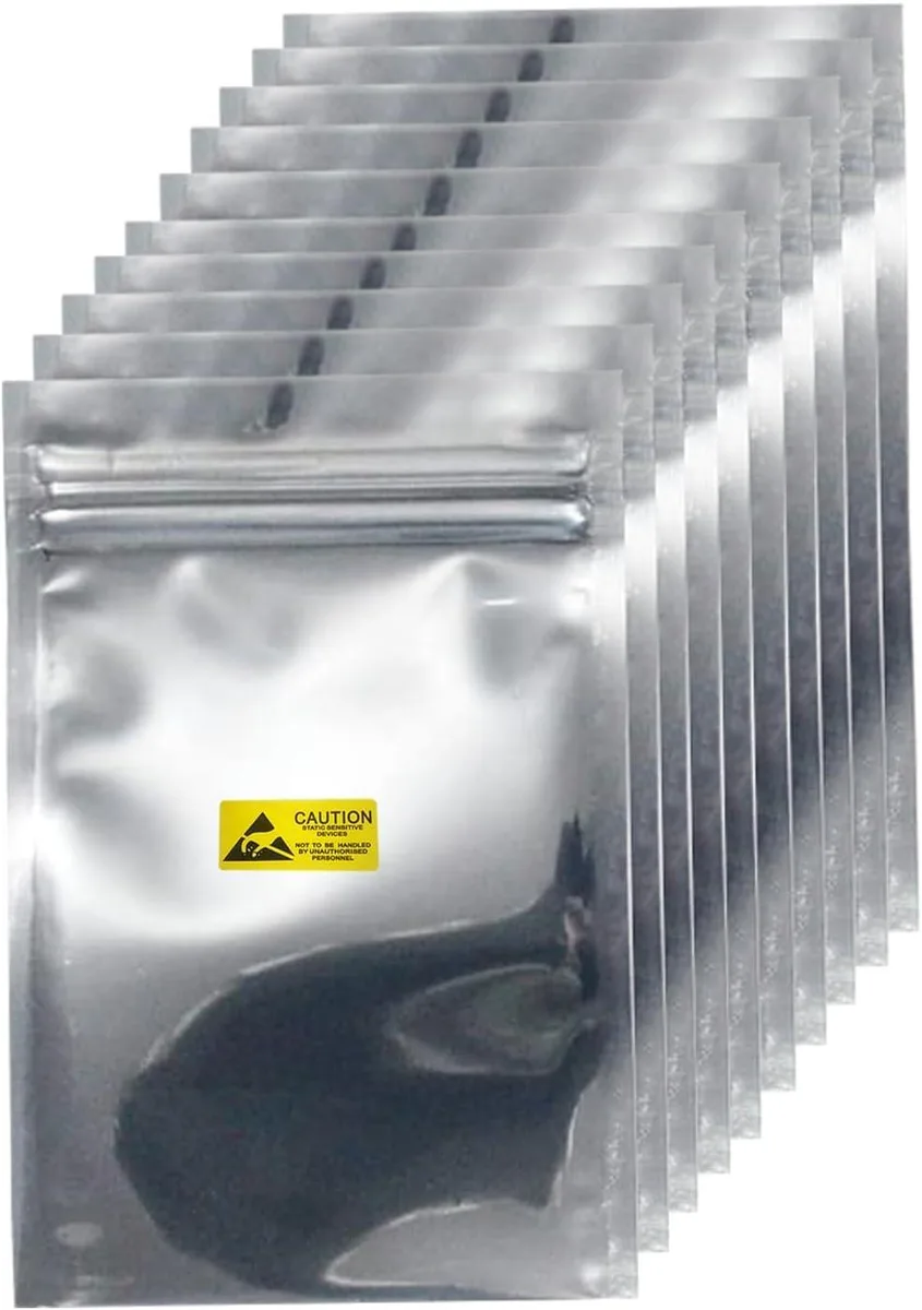 One hundred silver resealable antistatic bags with labels, 3.2 by 4.7 inches
