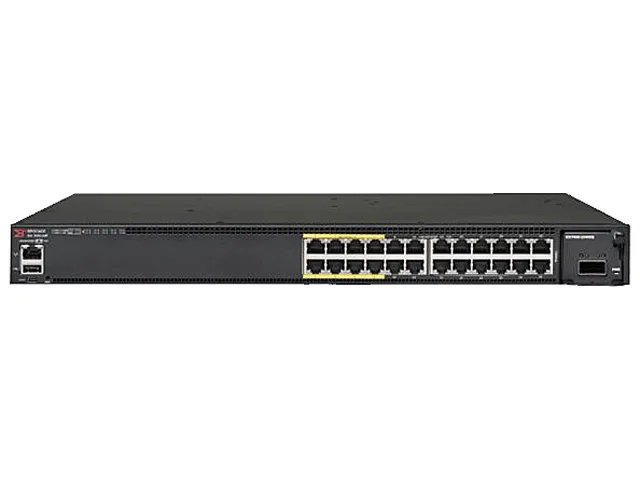 Brocade Brocade ICX7450-24P-E network switch 24 x 10/100/1000 PoE+ 4 x 10G SFP+ 2 x 40G QSFP+ — product photo
