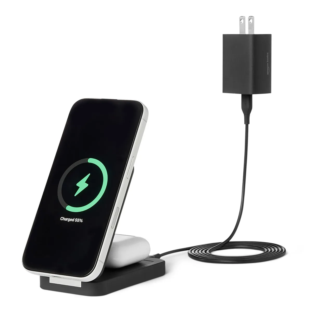 Black foldable 2-in-1 wireless charger with phone and earbud pads, USB-C cable and adapter