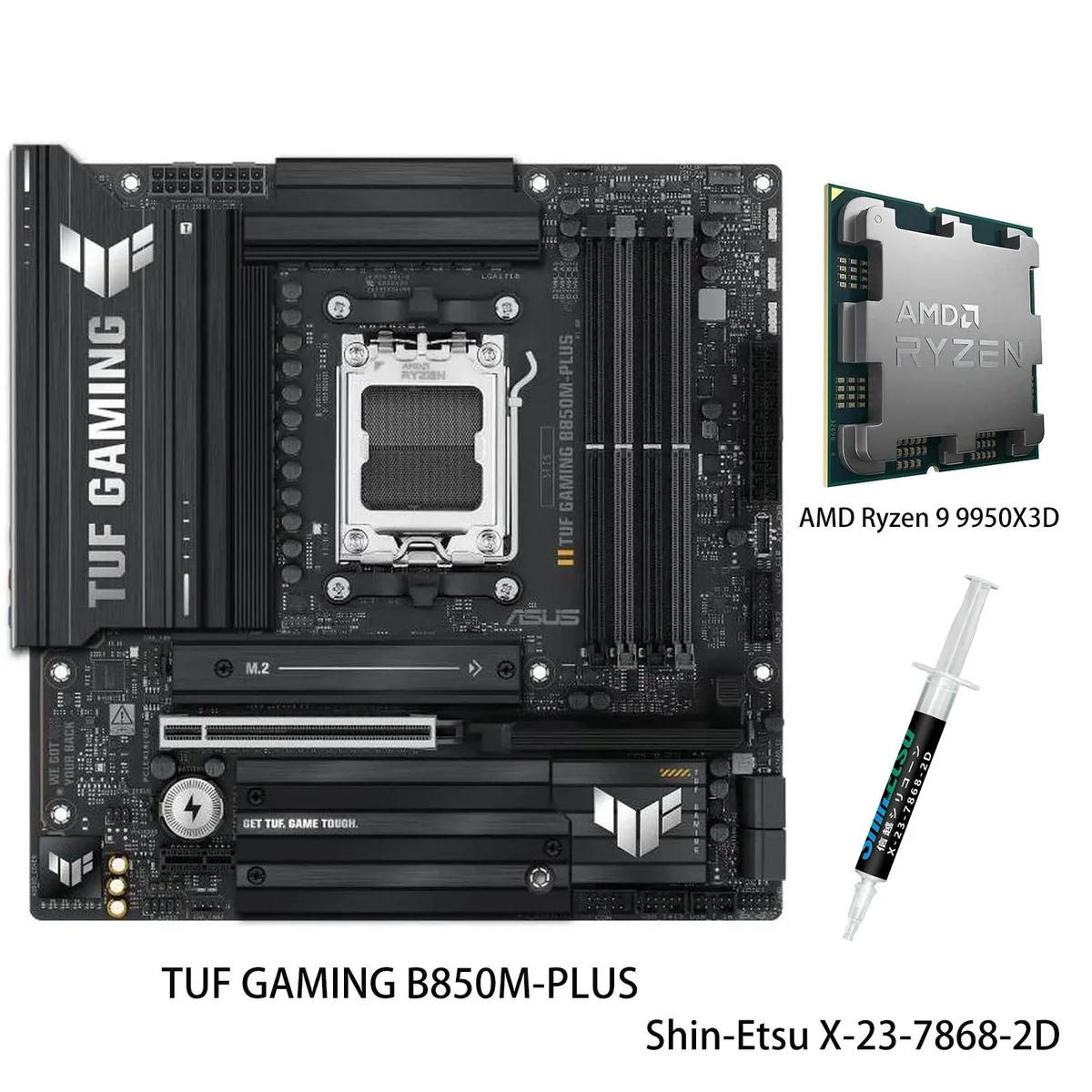 ASUS ASUS TUF GAMING B850M-PLUS &amp; Ryzen 9 9950X3D AMD motherboard CPU combo — product photo