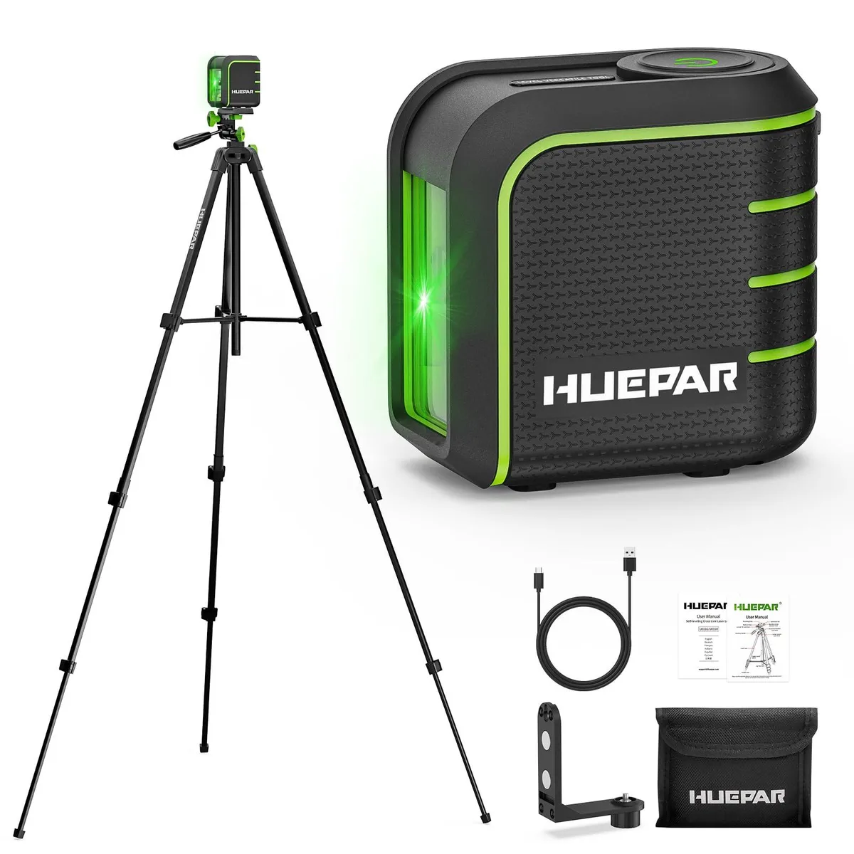 Green laser level on silver tripod, 60 inches tall, with fine-tuning bracket attached