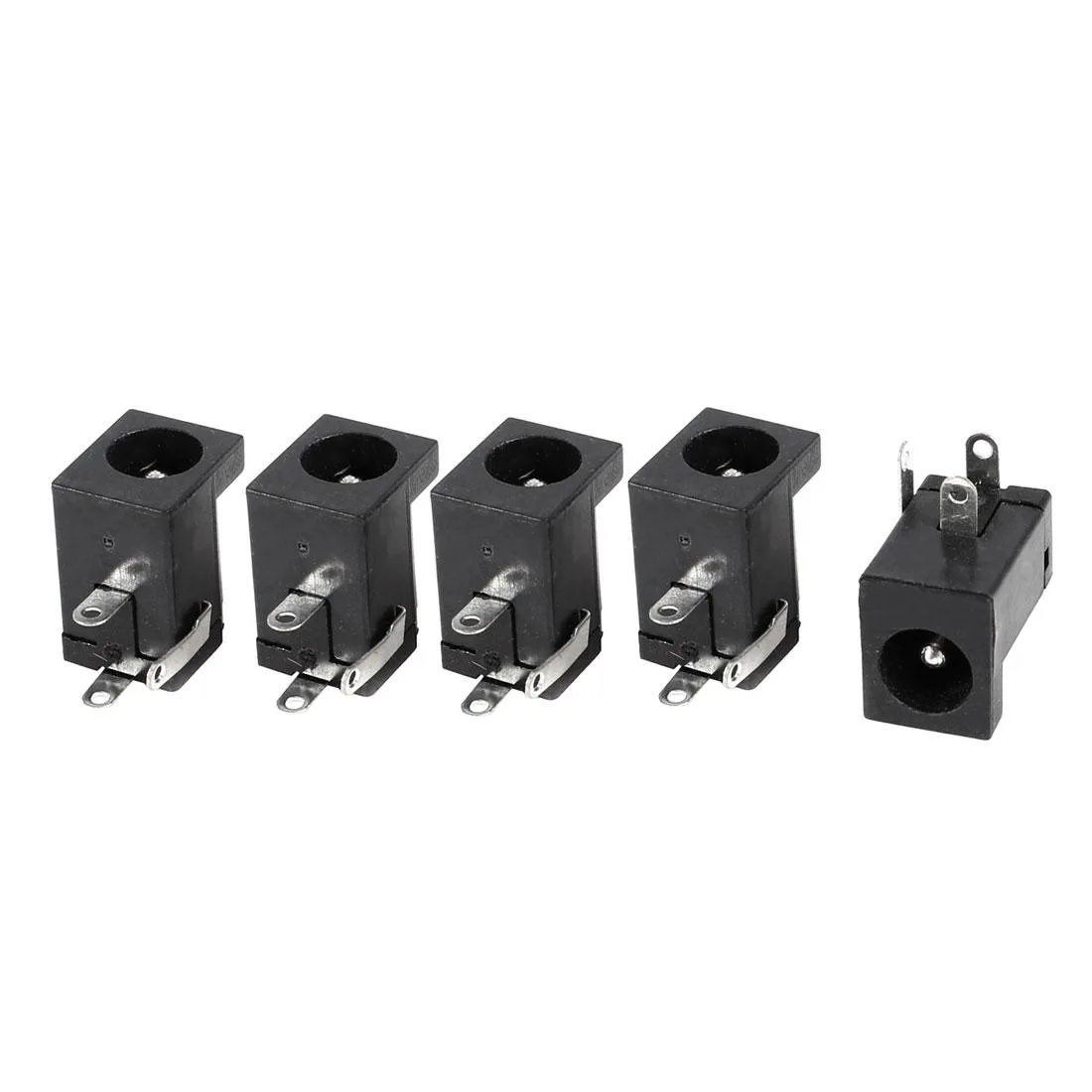 Five silver and black DC power jack sockets, rectangular metal and plastic bodies with three pins, 15 by 14 by 9 mm each