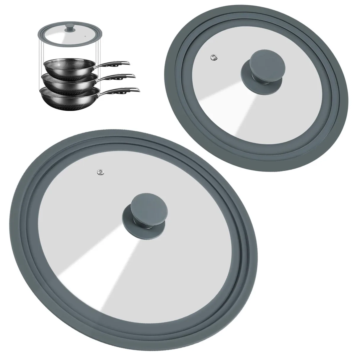 Two clear tempered-glass lids with flexible silicone rims, one sized for 10, 11, 12 inch cookware