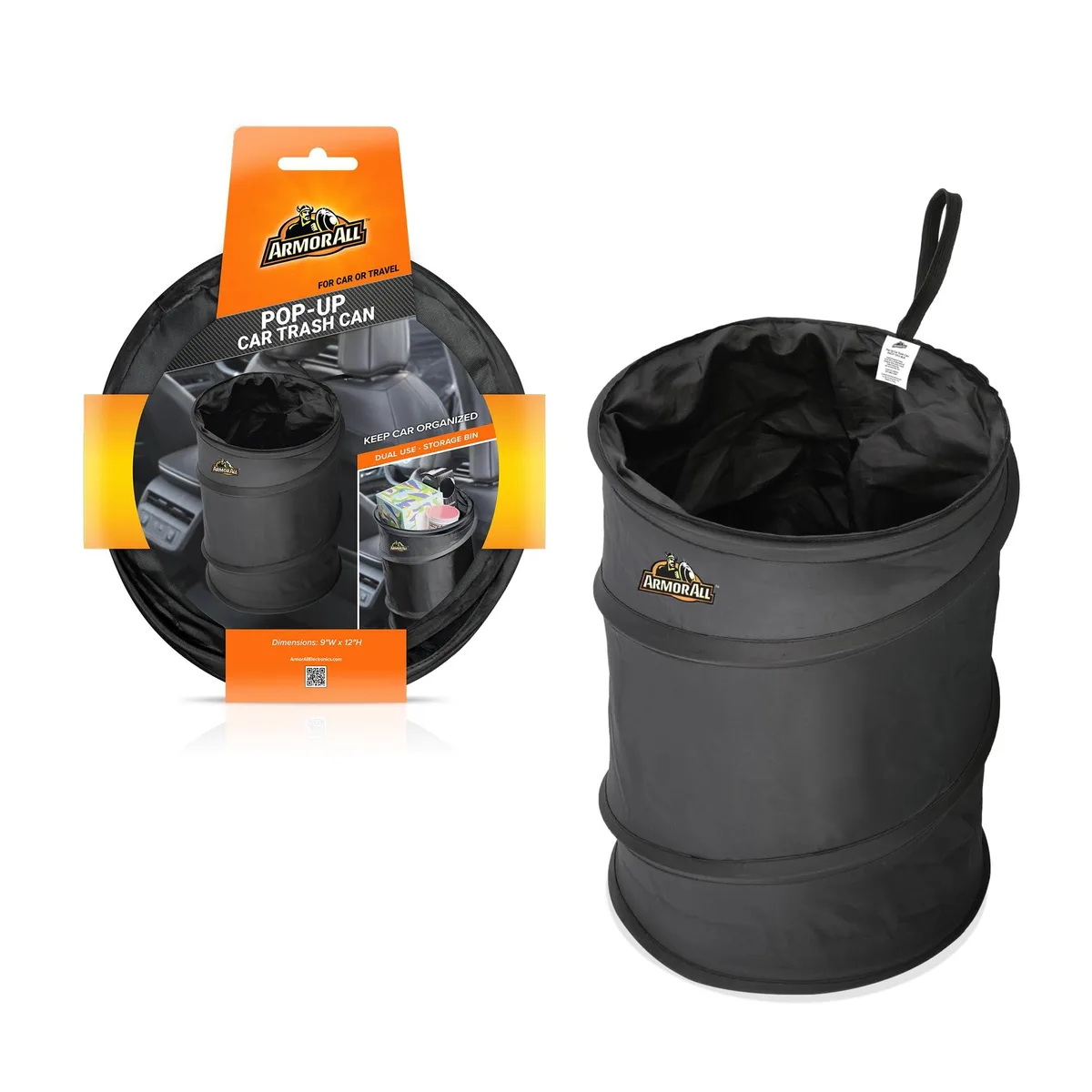 Black collapsible car trash can with metal frame, loop and Velcro base, 12 pack
