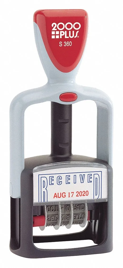 Rectangular metal and plastic date stamp with four rotating bands and RECEIVED text