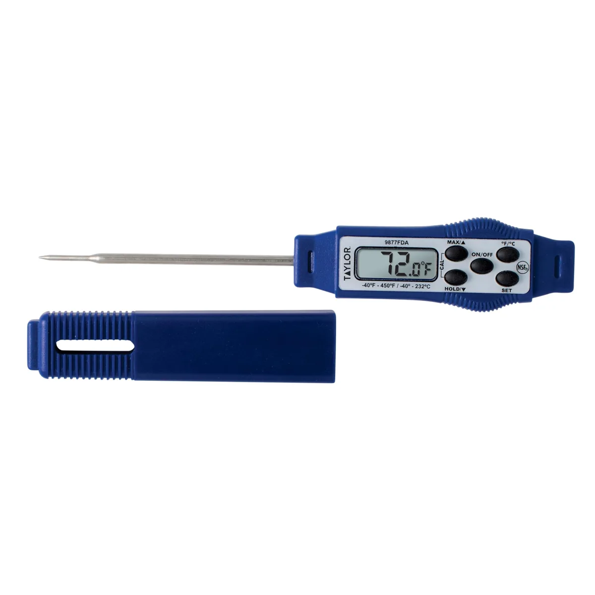 Blue compact digital food thermometer with 2.81 inch stem and thin probe