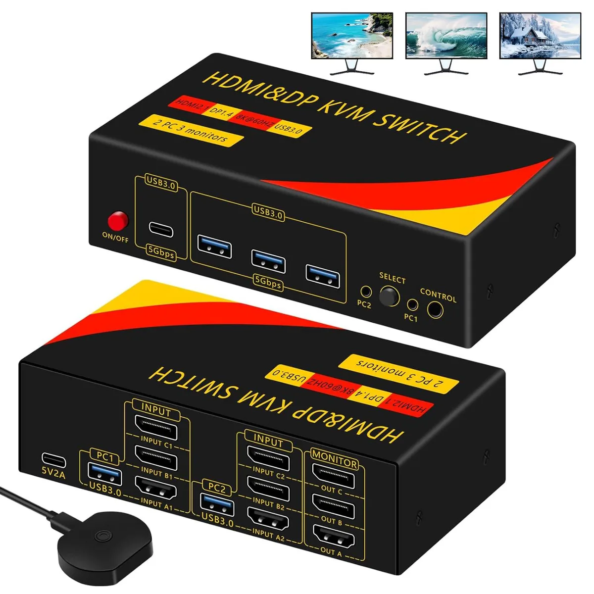 Hitoor Hitoor 1 HDMI + 2 DisplayPort KVM Switch 3 Monitors 2 Computers 8K@60Hz 4 USB 3.0 Wired Remote — product photo